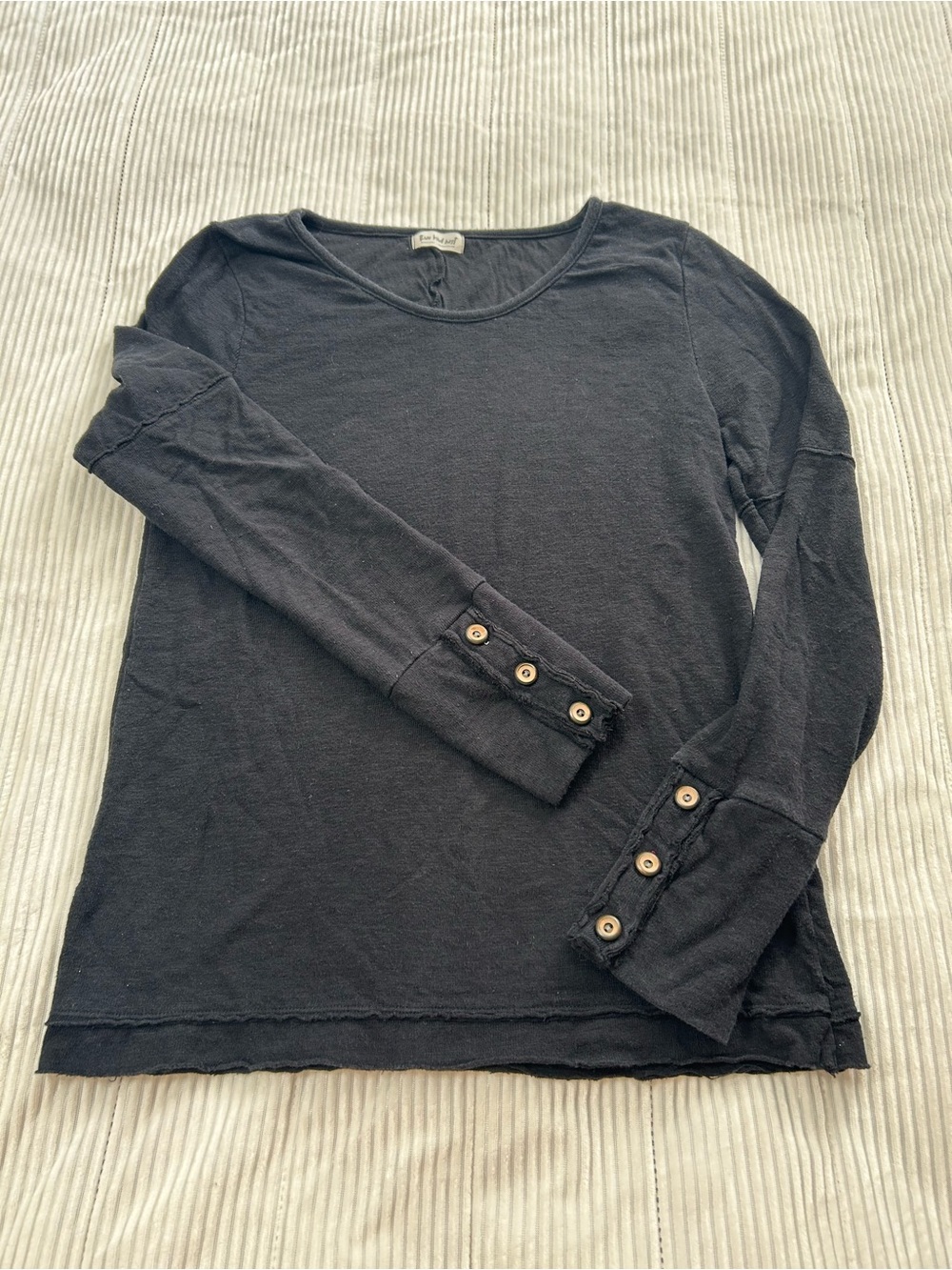 Three Bird Nest Black Long Sleeve Crew Top with Button Cuffs